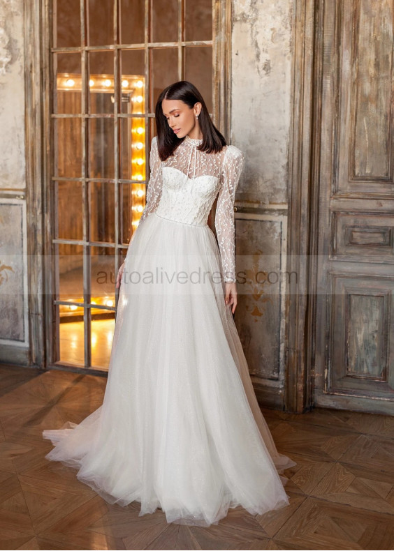 Long Sleeves Ivory Lace Tulle Anniversary Wedding Dress